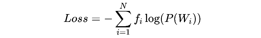 Unigram 的 Loss Function (NLL)。f 是單字出現頻率，P(W) 是單字的「分數」(i.e. 最佳分割的機率乘積)